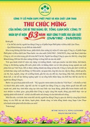 Thư chúc mừng của đồng chí Phạm Thanh Tùng, Bí thư Đảng ủy, Tổng Giám đốc Công ty