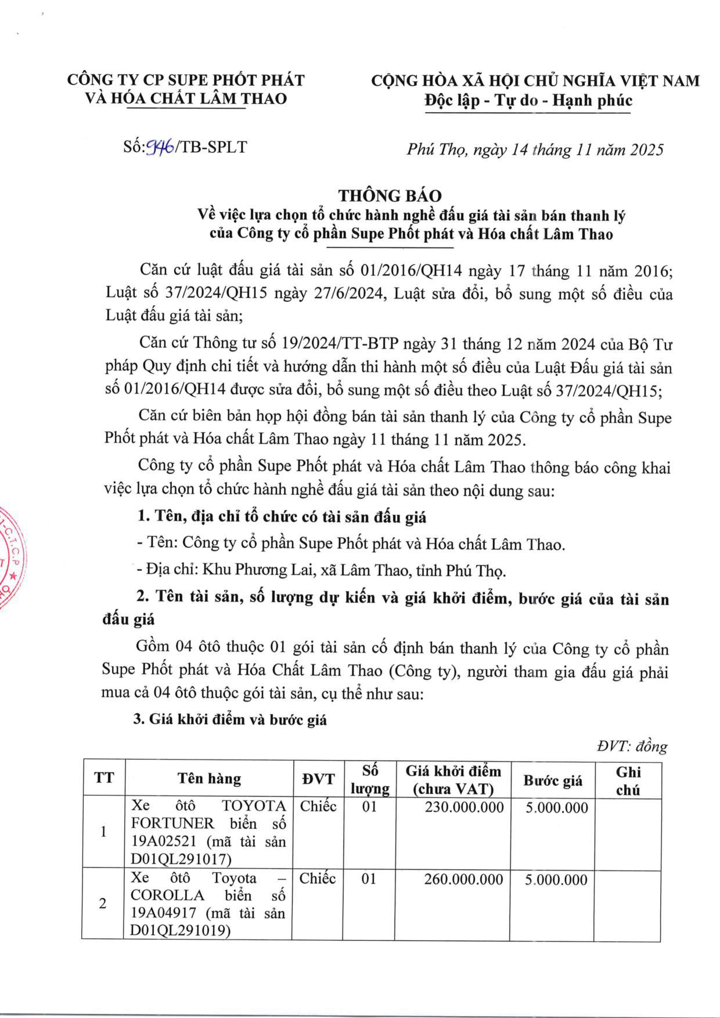 Thông báo về việc lựa chọn tổ chức hành nghề đấu giá tài sản bán thanh lý của Công ty cổ phần Supe Phốt phát và Hóa chất Lâm Thao