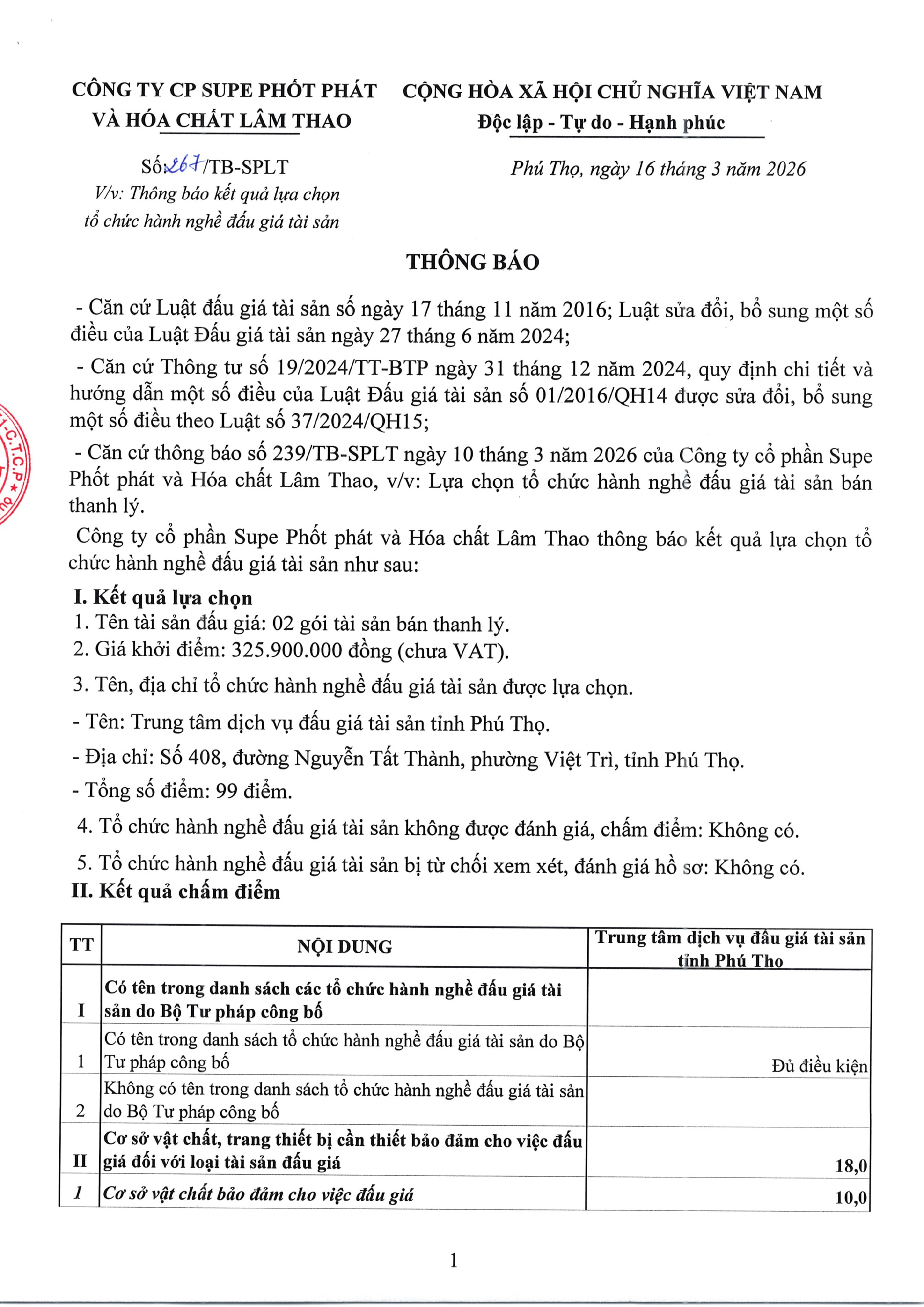 Thông báo kết quả lựa chọn tổ chức hành nghề đấu giá tài sản
