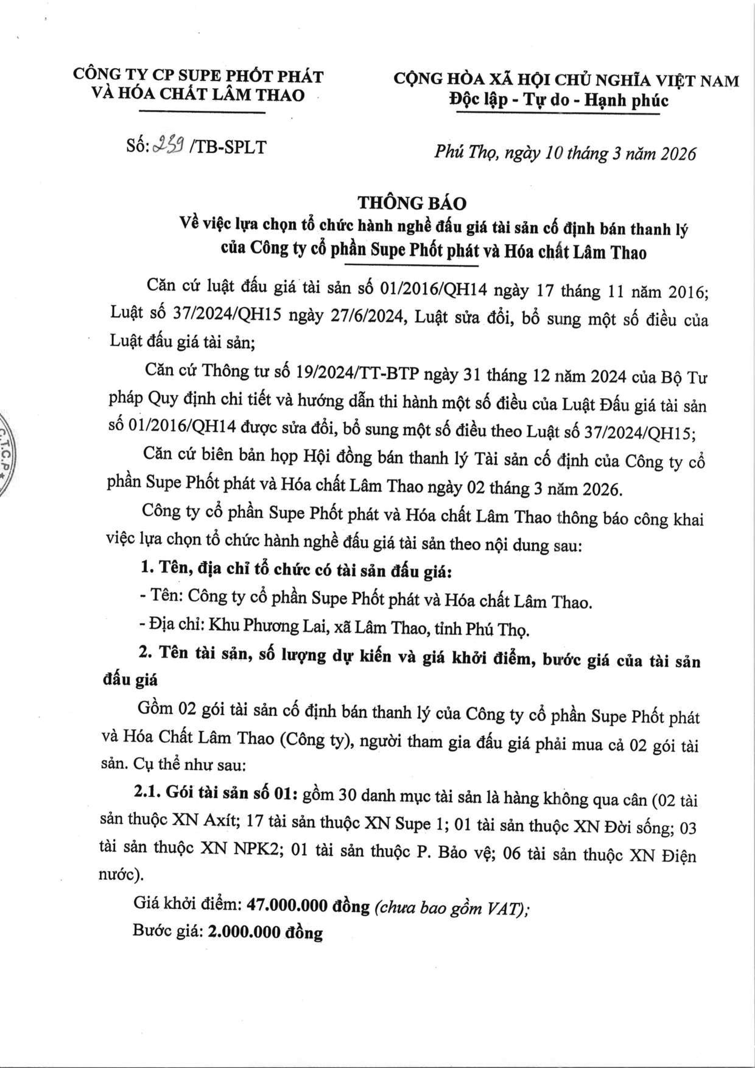 Thông báo về việc lựa chọn tổ chức hành nghề đấu giá tài sản cố định bán thanh lý của Công ty Cổ phần Supe Phốt phát và Hóa chất Lâm Thao